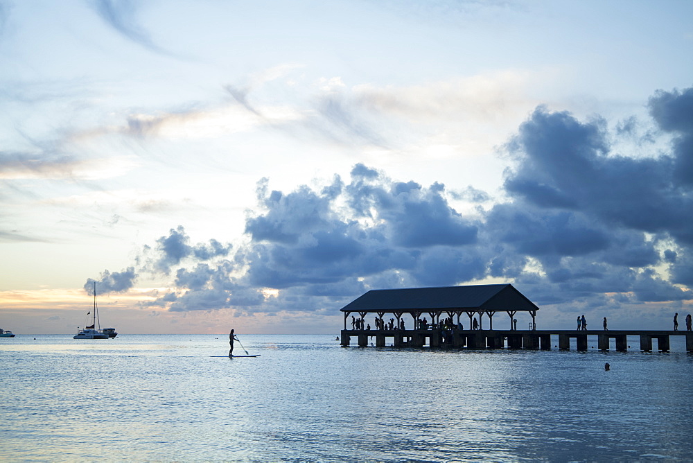 Tourists on Hanalei pier at sunset, Hanalei, Kauai, Hawaii, United States of America, Hanalei, Kauai, Hawaii, United States of America