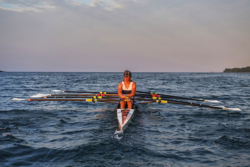 Hanlan Boat Club Junior men at morning practice in Lake Ontario, Toronto, Ontario, Canada