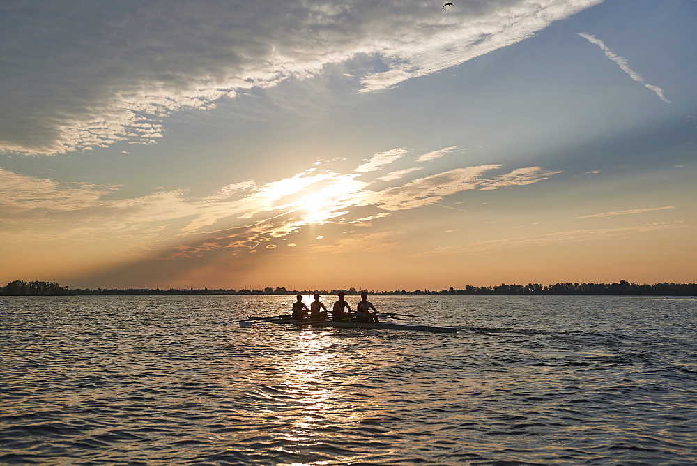 Hanlan Boat Club Junior men at morning practice in Lake Ontario, Toronto, Ontario, Canada