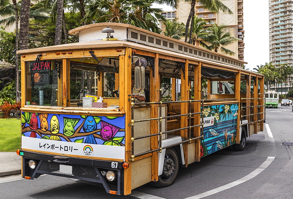 The Jalpak name and logo as seen on this Waikiki trolley rolling down Ala Moana Boulevard, a provider for Japanese tourists, Waikiki, Honolulu, Oahu, Hawaii, United States of America