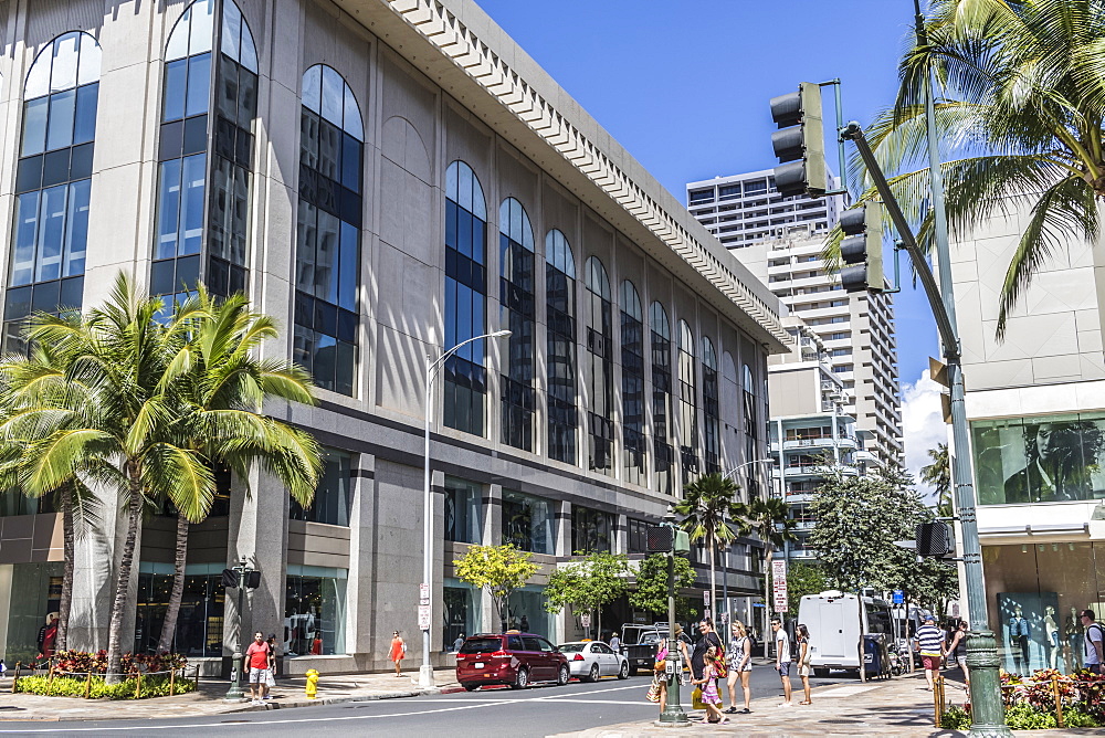 View North into Seaside Avenue from South side of Kalakaua Avenue with Waikiki Busines Plaza street level on the right in Waikiki, Honolulu, Oahu, Hawaii, United States of America