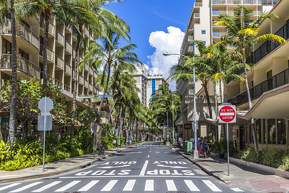 Looking up Levers Street from Kaila Road with Imperial Hawaii Resort at right, Waikiki, Honolulu, Oahu, Hawaii, United States of America