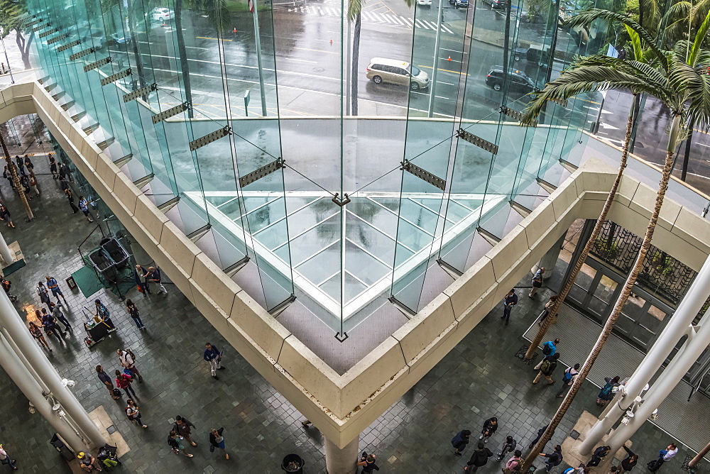 Upper level overview of the Hawaii Convention Center foyer, Waikiki, Honolulu, Oahu, Hawaii, United States of America