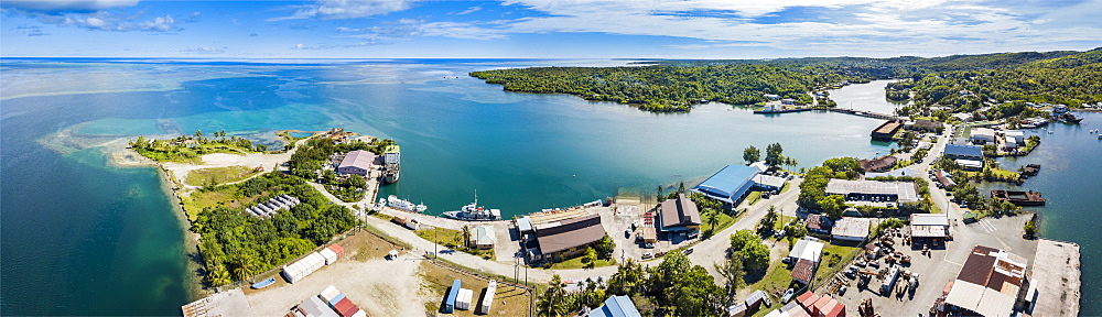 Aerial view of the town of Colonia and Tomil Harbour on the island of Yap, Yap, Federated States of Micronesia.