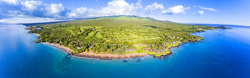 Aerial view of Po'olenalena Beach Park and the Wailea Golf Course, South Maui, Kihei, Maui, Hawaii, United States of America