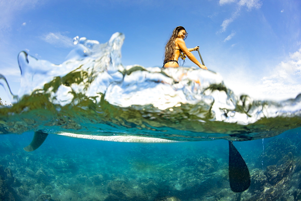 Split image of above and below water and a woman on a stand up paddle board, Hawaii, United States of America