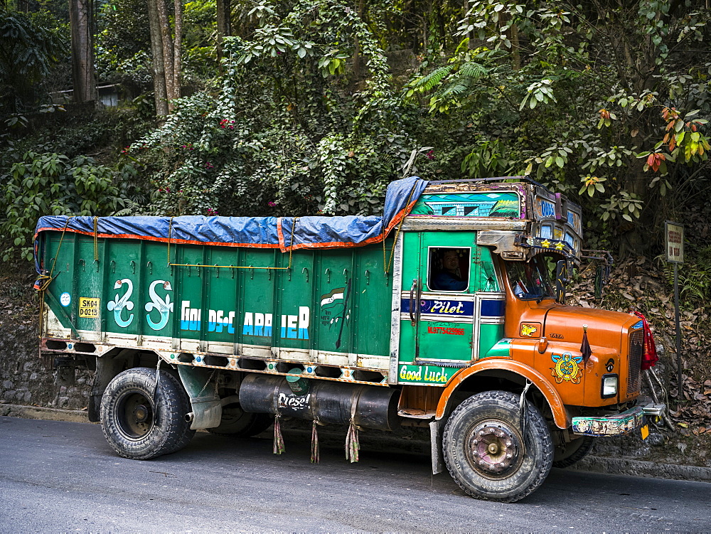 Colourful transport truck parked on the street, Sikkim, India