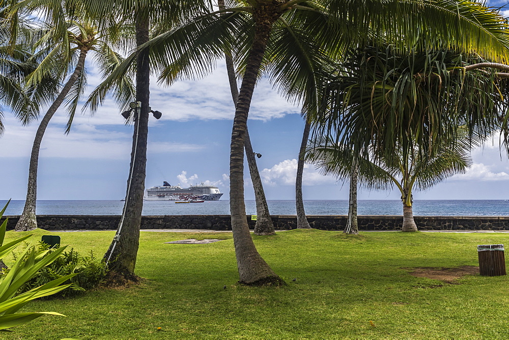 View of anchored vessels in Kailua Bay through a grove of coconut palm trees (Cocos nucifera) growing on the well-manicured Hulihee Palace grounds in Kailua-Kona, the Big Island, Hawaii, USA during the summer. The large cruise vessel is the Norwegian Crui