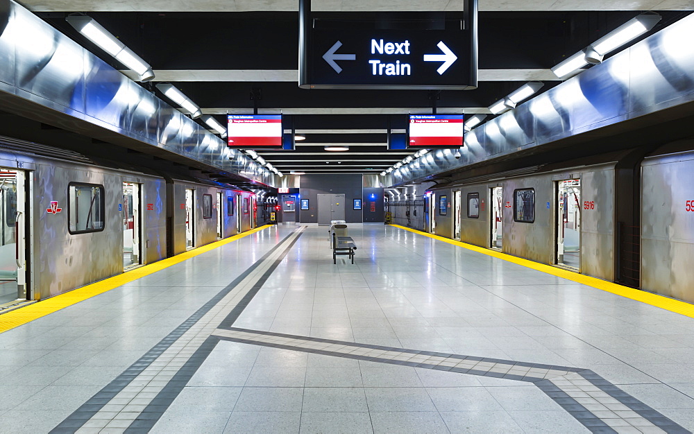 Interior trains at the Vaughan Metropolitan Centre subway station on the Yonge-University line, Toronto, Ontario, Canada