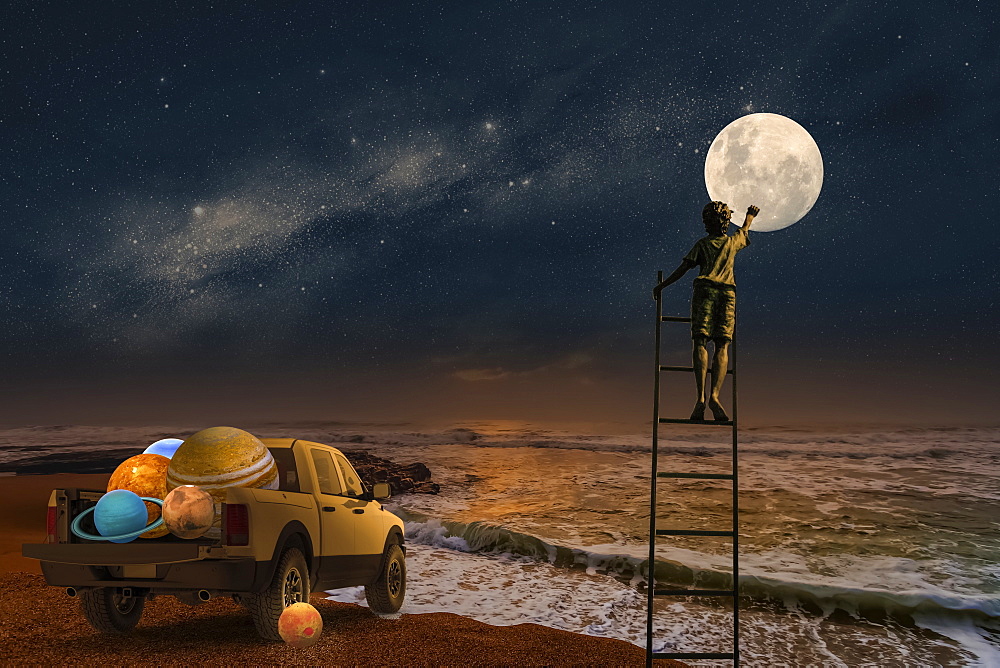 Composite image of a boy standing on a ladder touching the moon with a pickup truck full of planets at the edge of the ocean