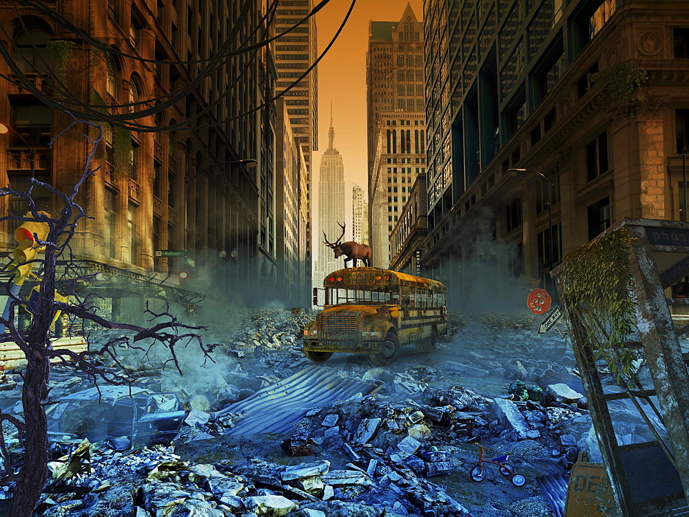 Abandoned school bus in an apocalyptic New York City, composite image