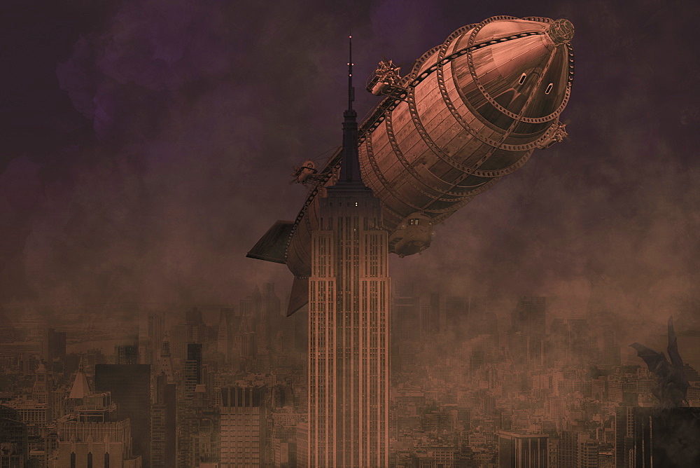 A rigid airship flies by the Empire State Building, ready to collide, composite image