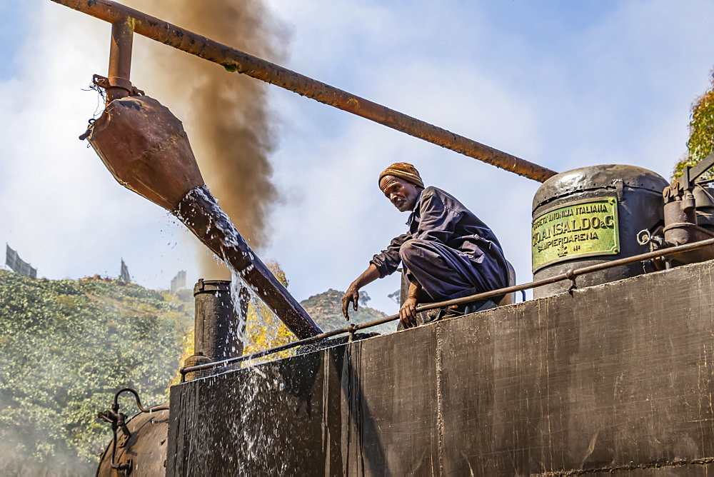 Engineer adding water to the Ansaldo 442 steam locomotive built in 1938, used for transporting cargo from the port city of Massawa to the capital Asmara, Arbaroba, Central Province, Eritrea