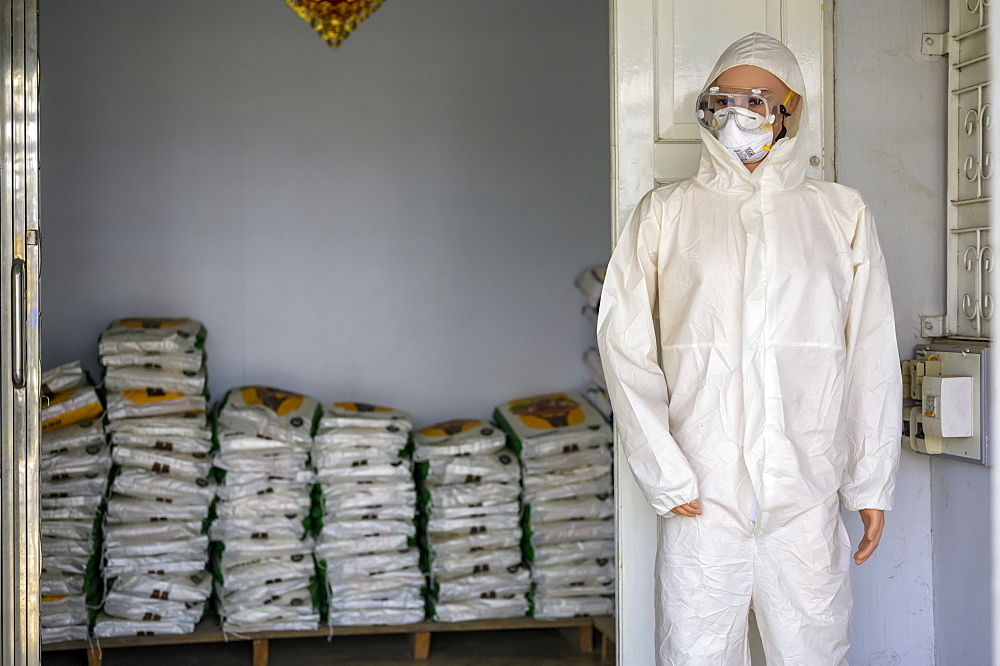 Pesticide suit and fertilizer for sale at a shop, Taungyii, Shan State, Myanmar