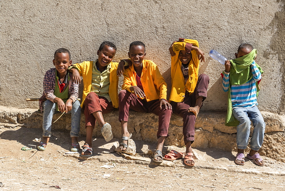 Ethiopian boys sitting and laughing, Harar Jugol, the Fortified Historic Town, Harar, Harari Region, Ethiopia