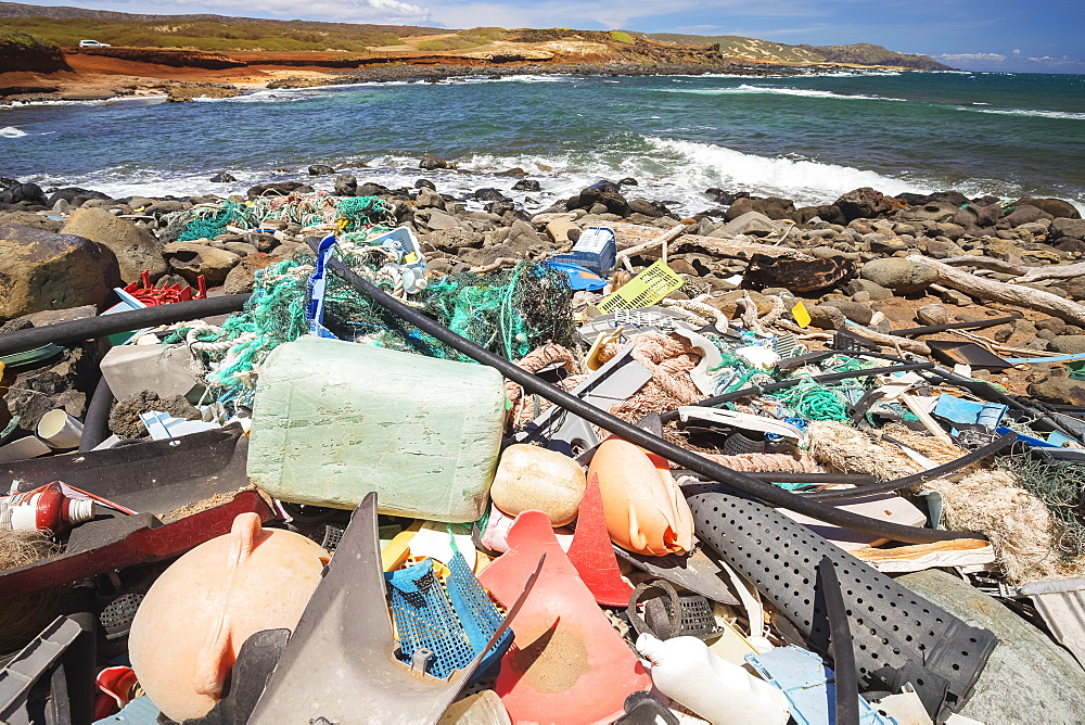 Much of the North side of the island of Molokai in inaccessible. Trade winds blow onshore regularly bringing with them piles of plastic that has been floating around the Pacific Ocean for years and years, Molokai, Hawaii, United States of America