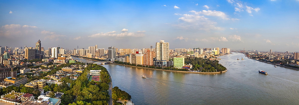 The view across the Zhujiang River from the White Swan Hotel. Five images were combined for this panorama image, Guangzhou, Guangdong province, China