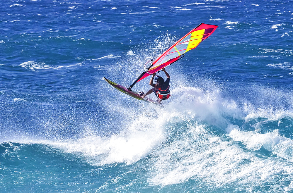 A windsurfer rides the breaking waves, Kihei, Maui, Hawaii, United States of America