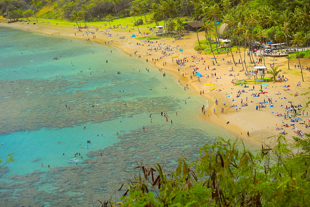 Popular beach busy with tourists on Hanauma Bay, Oahu, Hawaii, United States of America
