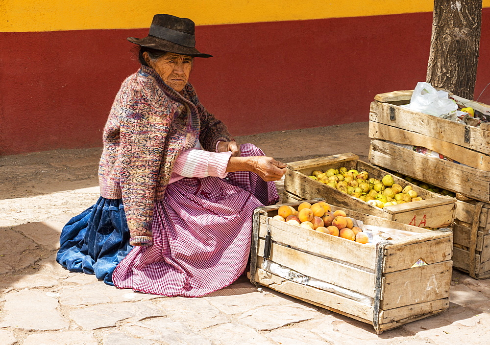 Woman selling fresh fruit, San Cristobal de Lipez, Potosi Department, Bolivia