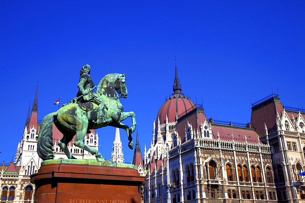 Bronze equestrian Monument of Ferenc II Rakoczi, Prince of Transylvania, in front of Hungarian Parliament Building, Budapest, Hungary, Europe 