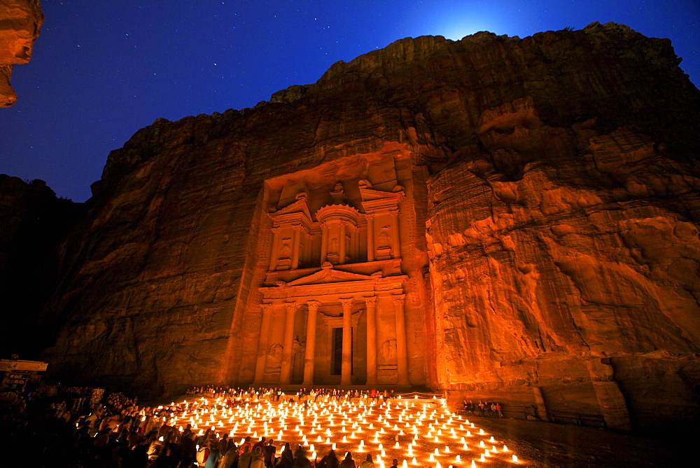 Treasury lit by candles at night, Petra, UNESCO World Heritage Site, Jordan, Middle East