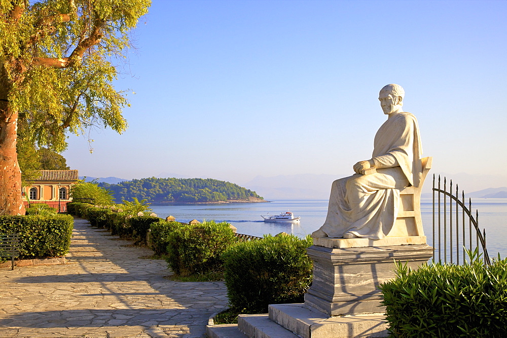 The Church of Virgin Mary Mandrakina and statue of Frederick North, 5th Earl of Guilford in Boschetto Garden, Corfu Old Town, Corfu, The Ionian Islands, Greek Islands, Greece, Europe