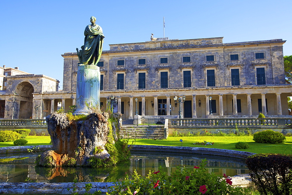 Statue of Frederick Adam in front of the Palace of St. Michael and St. George, Corfu Old Town, Corfu, The Ionian Islands, Greek Islands, Greece, Europe