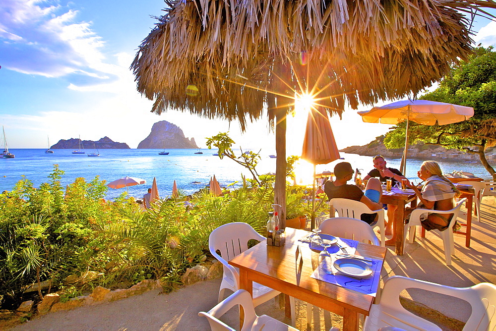 Restaurant at Cala d'Hort with The Island of Es Vedra in the background, Ibiza, Balearic Islands, Spain, Mediterranean, Europe