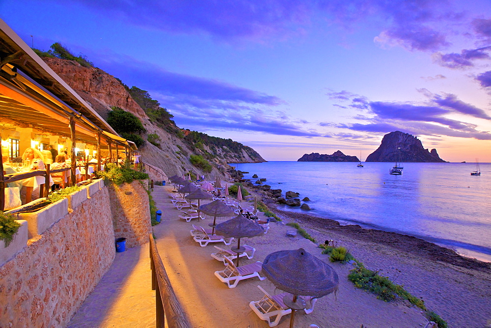 Restaurant at Cala d'Hort with The Island of Es Vedra in the Background, Ibiza, Balearic Islands, Spain, Mediterranean, Europe