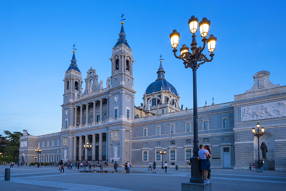 Exterior of Almudena Cathedral at dusk, Madrid, Spain, Europe