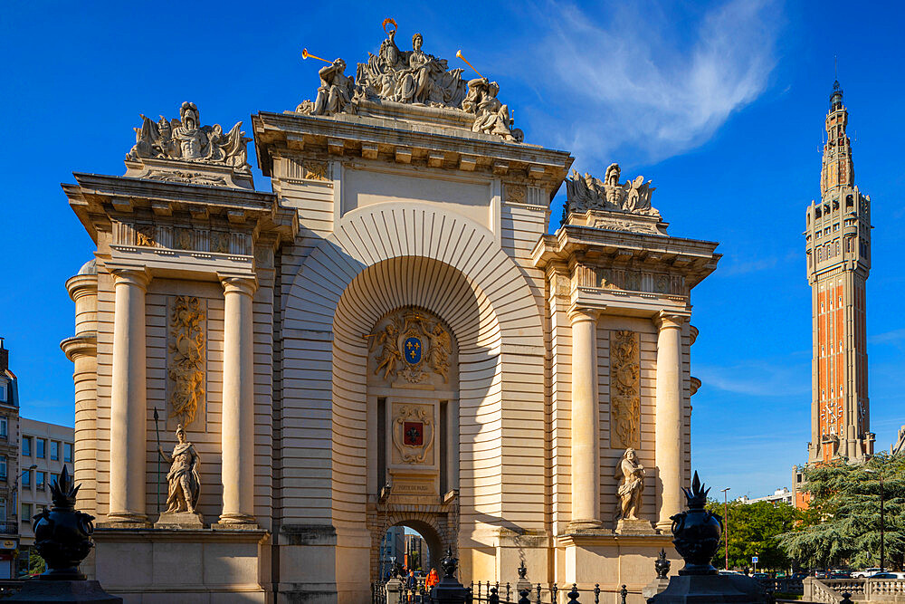 The Porte de Paris with the Belfry of the City Hall, Lille, Nord, France, Europe