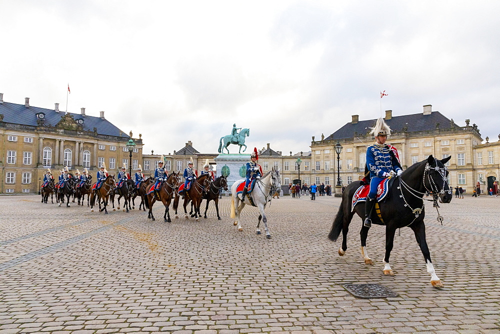 Guards on horseback, Changing of the Guard, Amalienborg Palace, Copenhagen, Denmark, Scandinavia, Europe