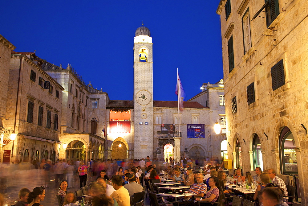 Restaurants, Clock Tower and Stradun, Dubrovnik, Croatia, Europe