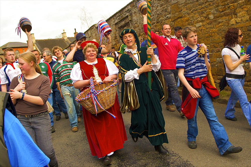 Leaders and participants of the Procession for the Old Annual Custom of Bottle-kicking, Hallaton, Leicestershire, England, United Kingdom, Europe 