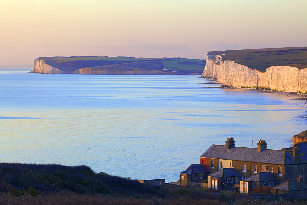 Seven Sisters from Birling Gap at sunset, South Downs National Park, East Sussex, England, United Kingdom, Europe