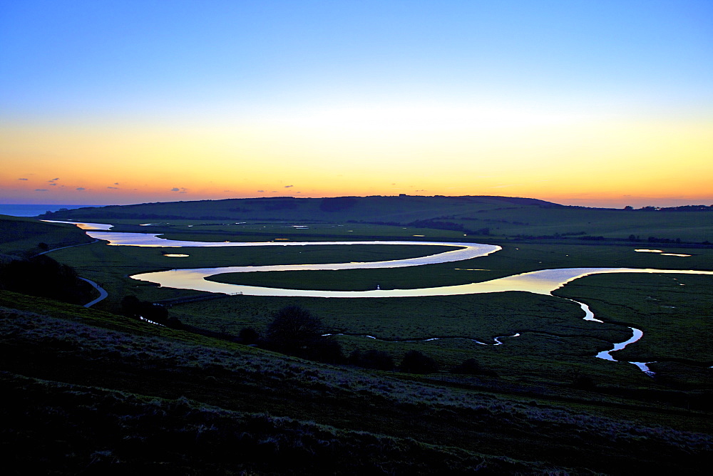 Cuckmere Haven at sunset, South Downs National Park, East Sussex, England, United Kingdom, Europe 