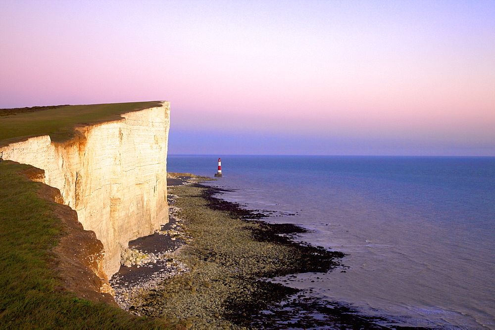 Beachy Head and Beachy Head Lighthouse at sunset, East Sussex, England, United Kingdom, Europe 