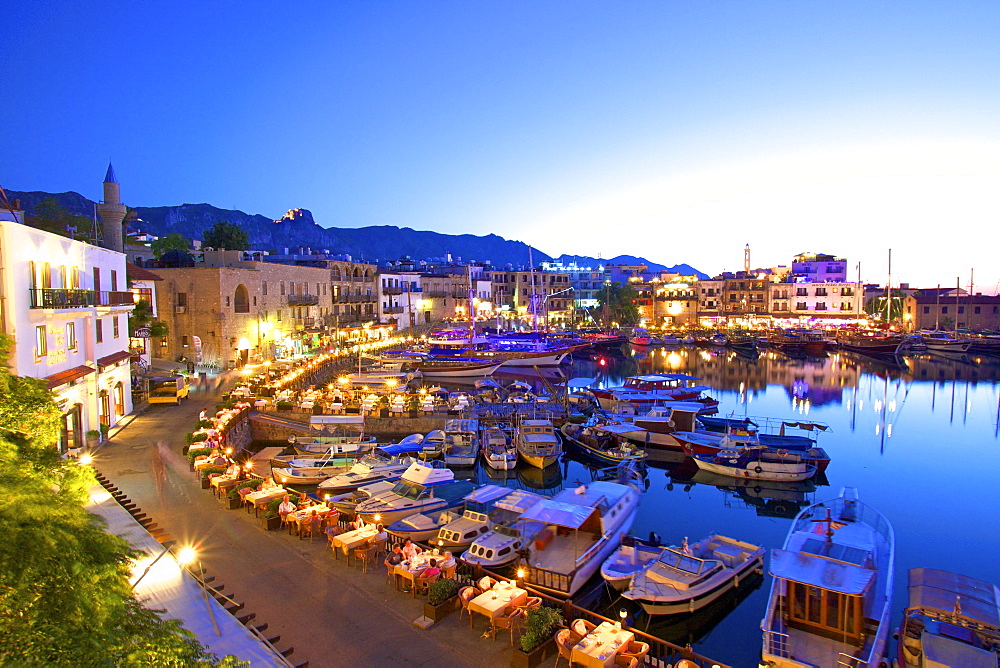 Kyrenia Harbour at dusk, Kyrenia, North Cyprus, Cyprus, Mediterranean, Europe