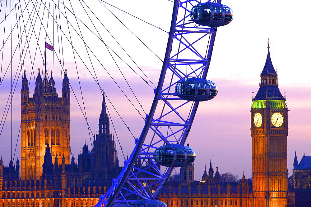 London Eye and Houses of Parliament at dusk, London, England, United Kingdom, Europe