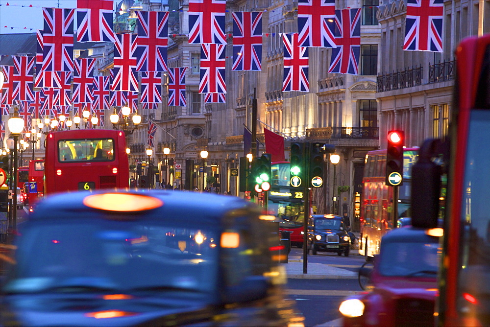 Regent Street with Union Jack Flags, London, England, United Kingdom, Europe