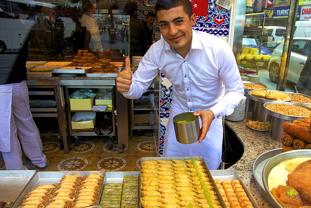 Baker, Baklava Shop, Istanbul, Turkey, Europe