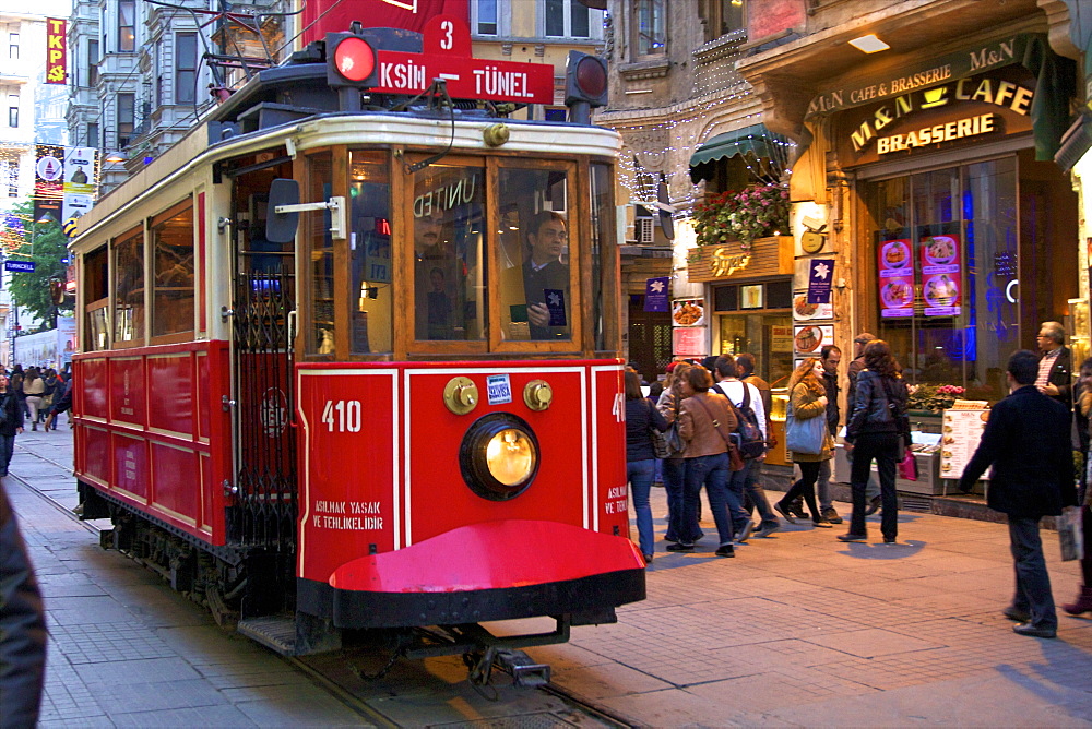 Historic red tram on Istiklal Caddesi, Beyoglu, Istanbul, Turkey, Europe 