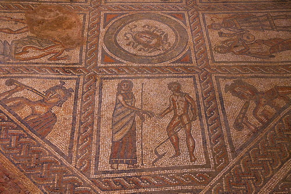 Mosaics at Brading Roman Villa, Brading, Isle of Wight, England, United Kingdom, Europe