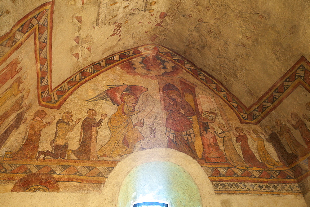 Medieval frescoes in the Fisherman's Chapel, St. Brelade's Bay, Jersey, Channel Islands, Europe 