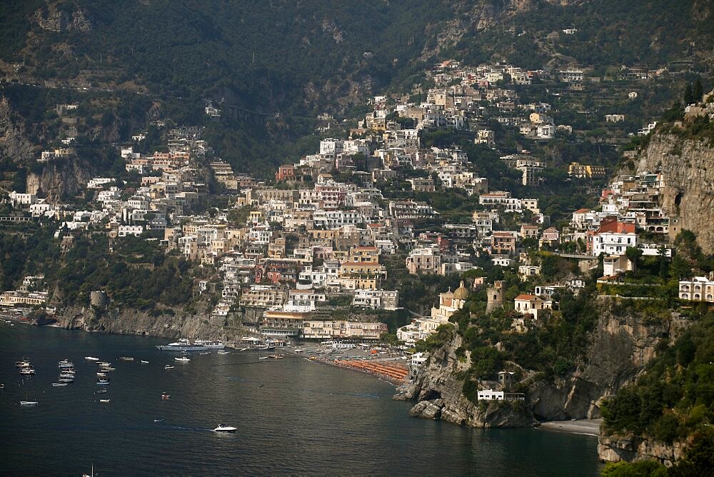 Positano and Mediterranean Sea from Via Arienzo, Amalfi Drive, UNESCO World Heritage Site, Campania, Italy, Europe