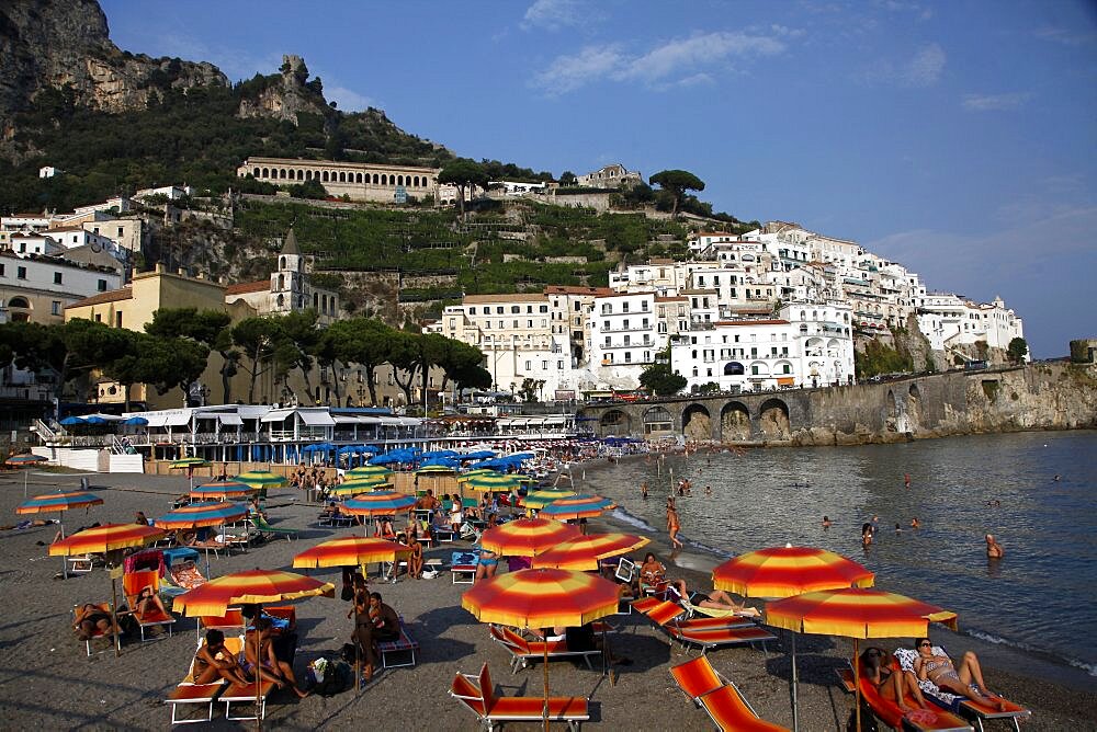 Parasols at Amalfi Beach, Amalfi Drive, UNESCO World Heritage Site, Campania, Italy, Europe