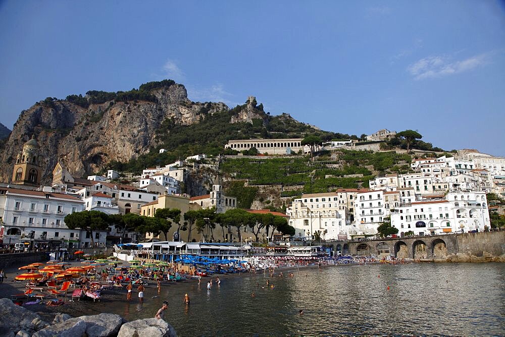 Amalfi Beach, Town and Viaduct, Amalfi Drive, UNESCO World Heritage Site, Campania, Italy, Europe