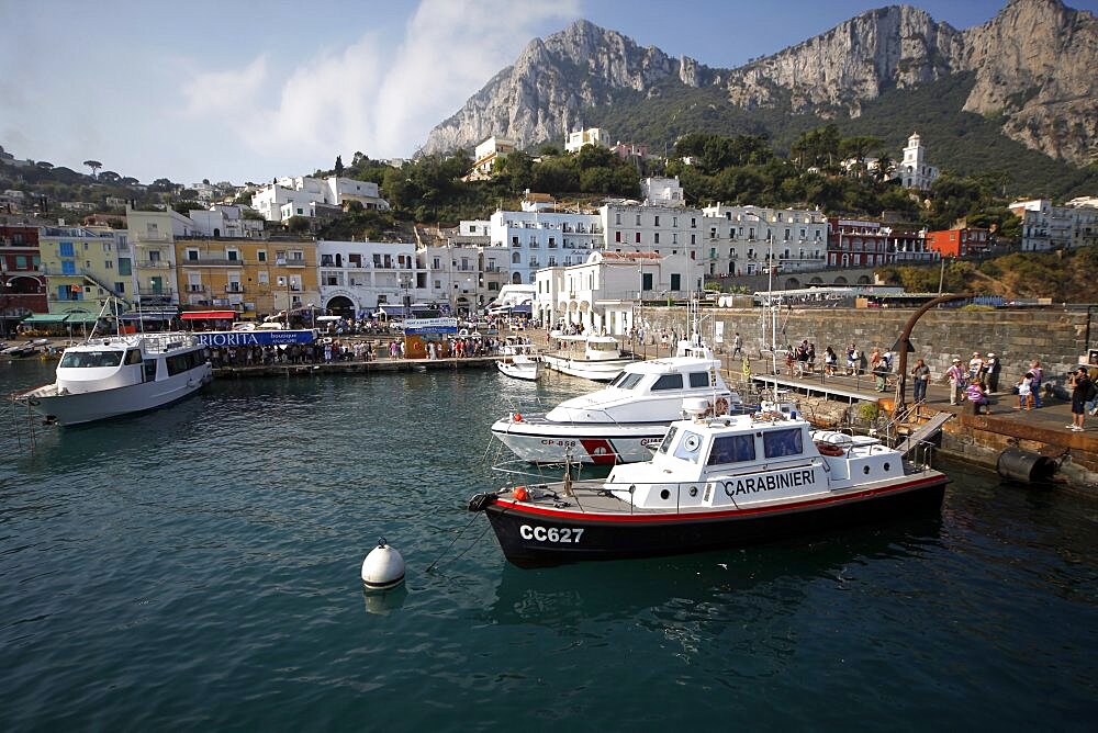 Boats In Marina Grande Harbour and mountain, Capri, Campania, Italy, Europe