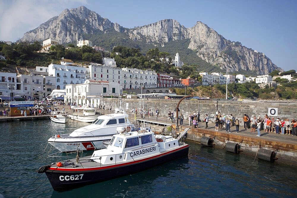 Boats In Marina Grande Harbour and mountain, Capri, Campania, Italy, Europe